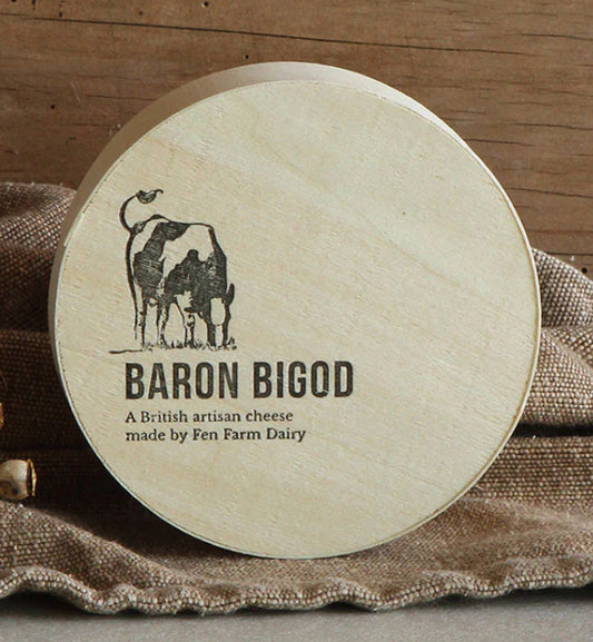 Round wooden board with Baron Bigod branding on a rustic background
